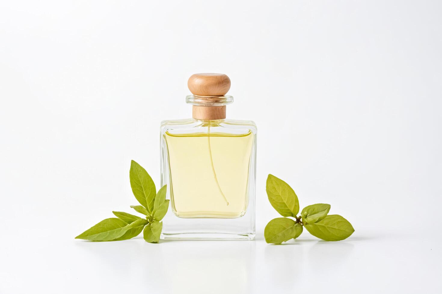 Glass bottle with green leaves photo
