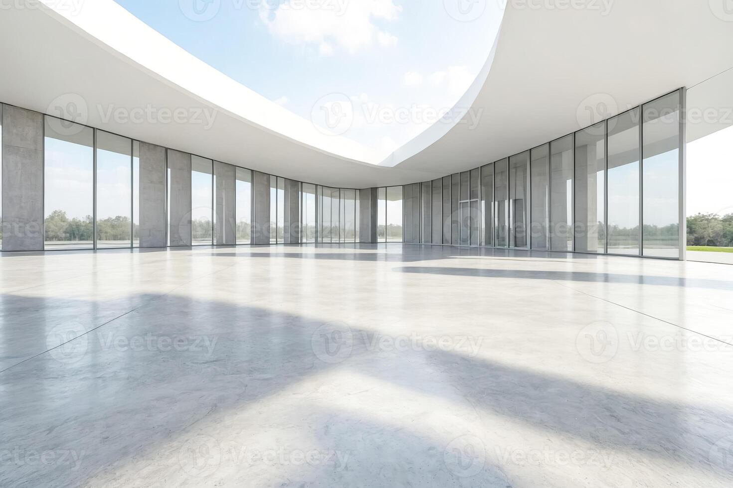 Minimalist Modern Architecture Interior with Concrete Floor and Large Windows photo