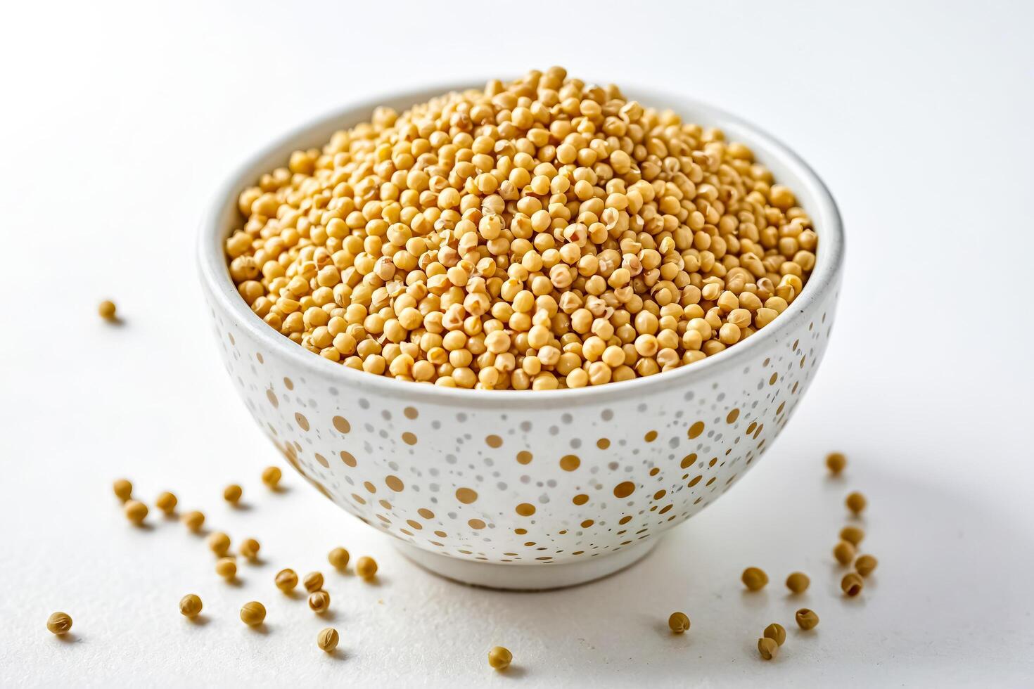 Close-up of Yellow Mustard Seeds in a White Bowl photo