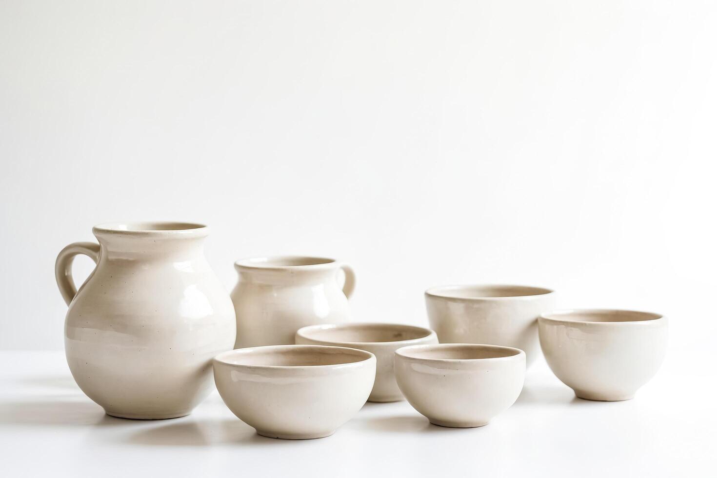 Minimalist White Ceramic Cups and Pitcher on White Background photo