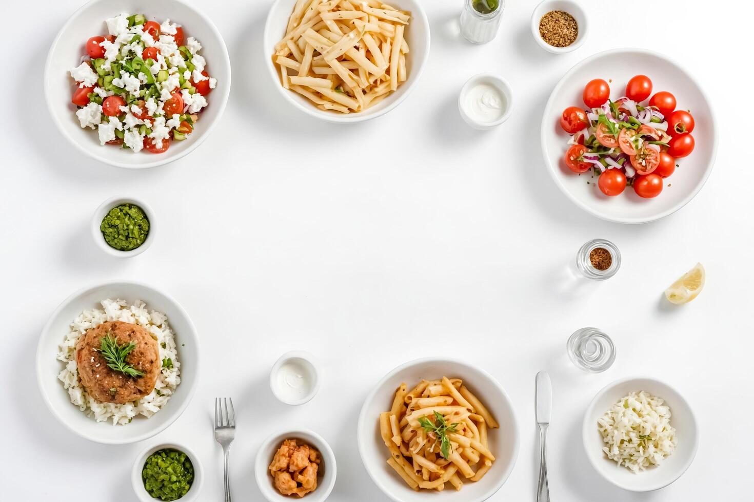 Top view of various dishes and sauces on a white background photo