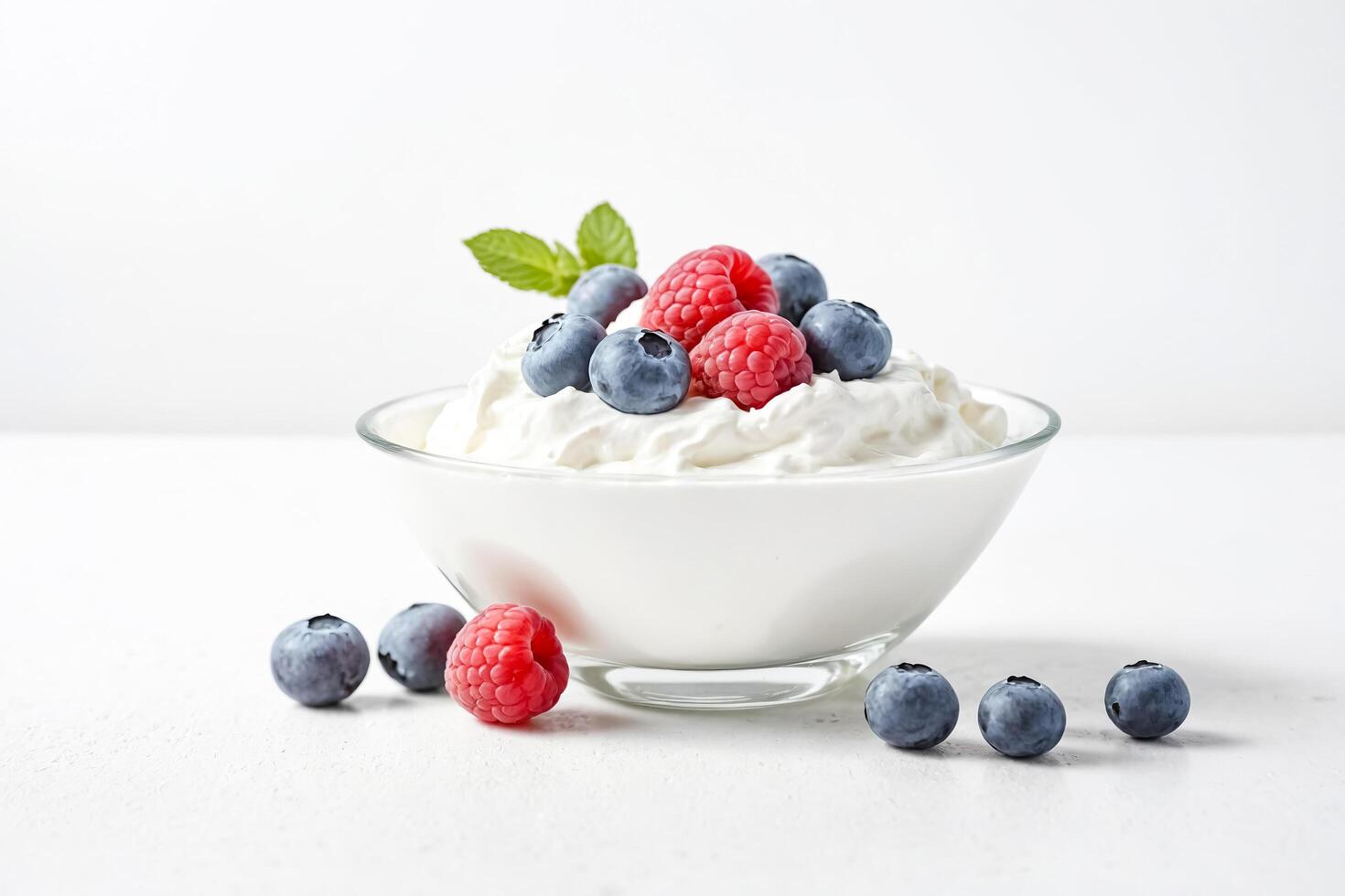 Bowl of Yogurt with Blueberries and Raspberries photo