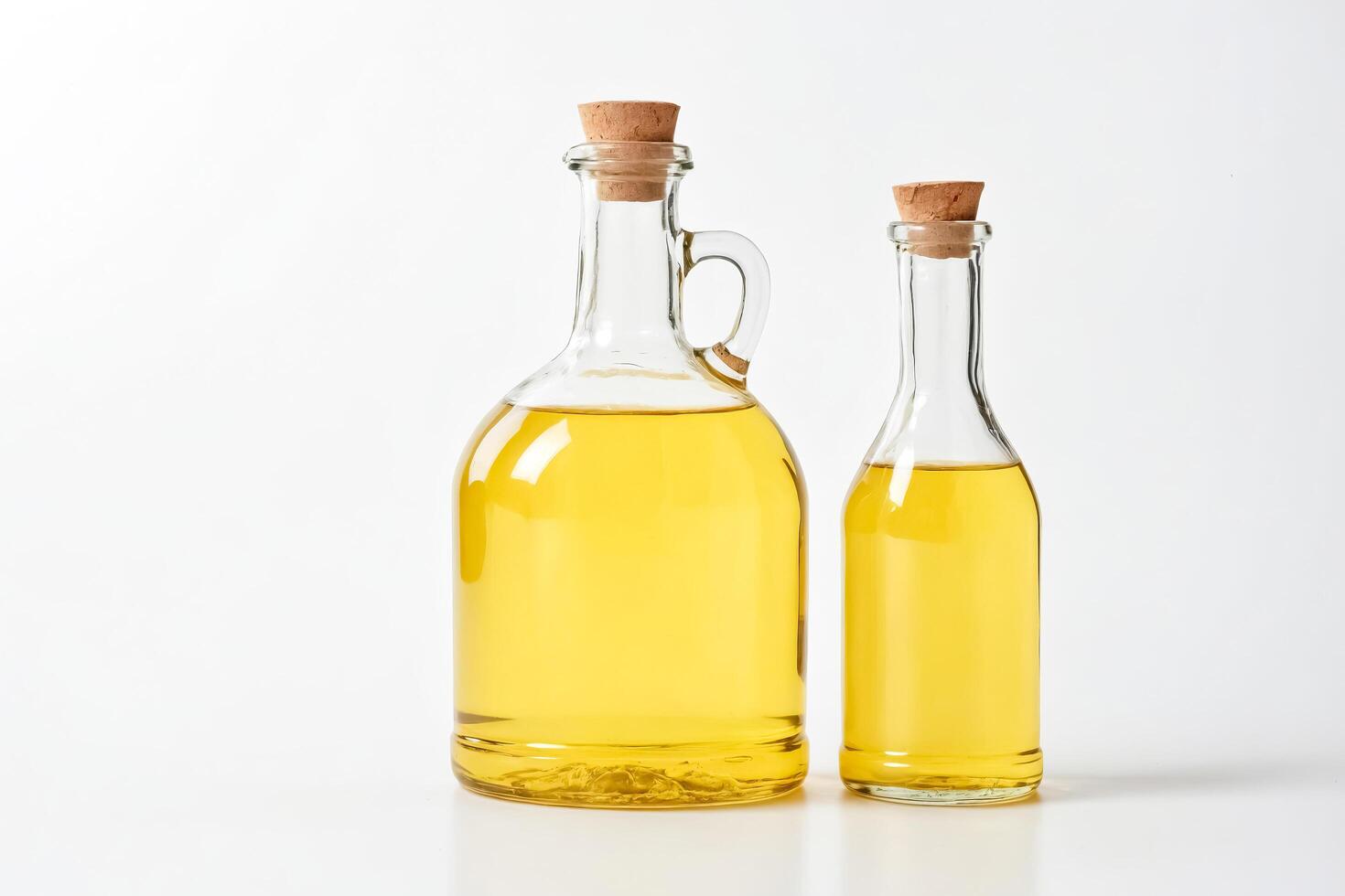 Two glass bottles of oil with cork stoppers on a white background photo