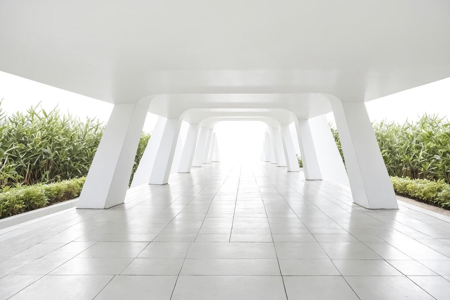 White modern architecture with pillars and green plants photo
