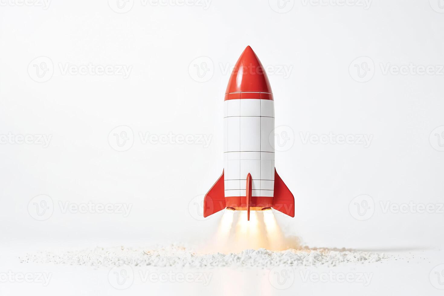 Red and White Toy Rocket Launching Off White Surface photo