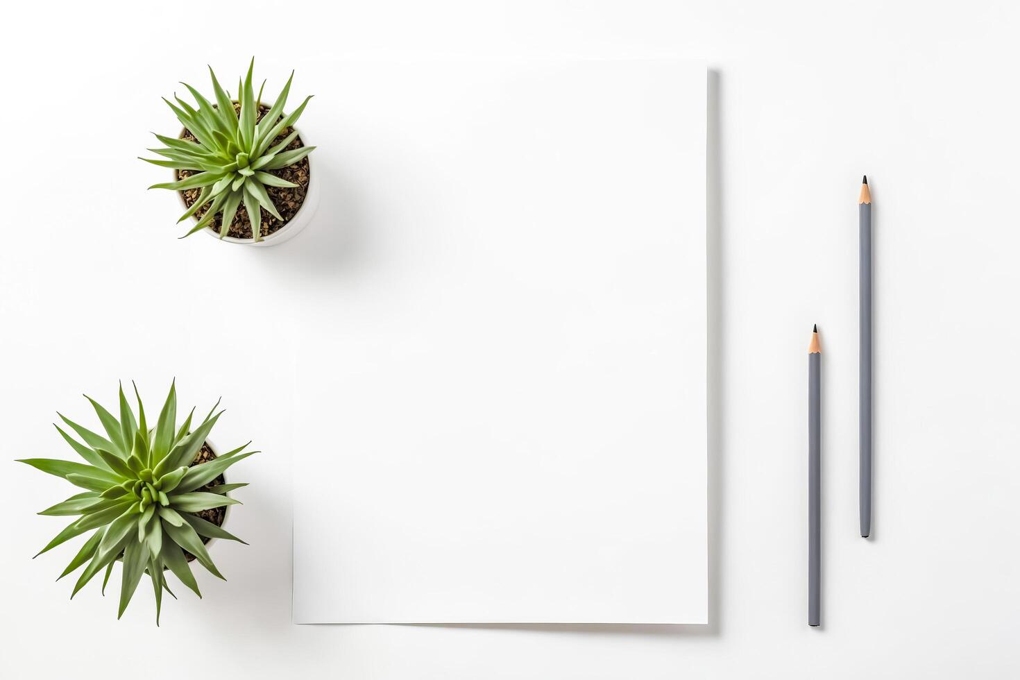 Minimalist Office Desk with Blank Paper and Succulents photo