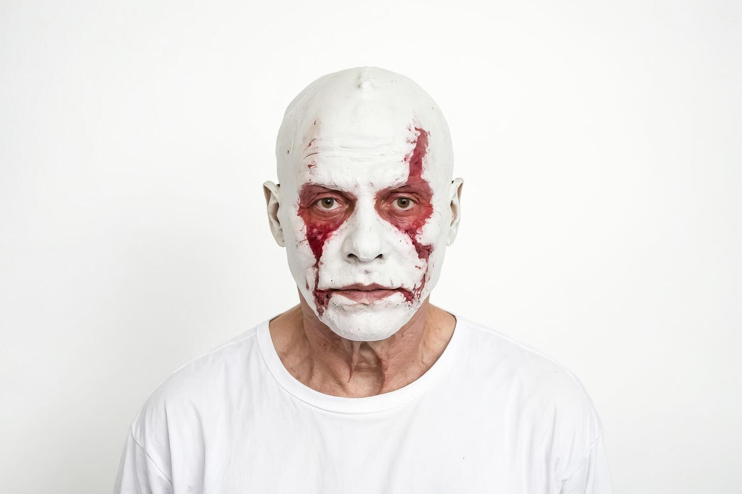 Portrait of a man with a white face and red streaks on his face photo