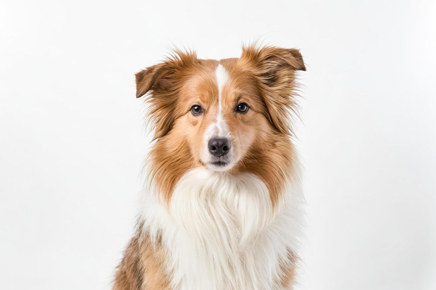 Portrait of a brown and white dog with a fluffy coat photo