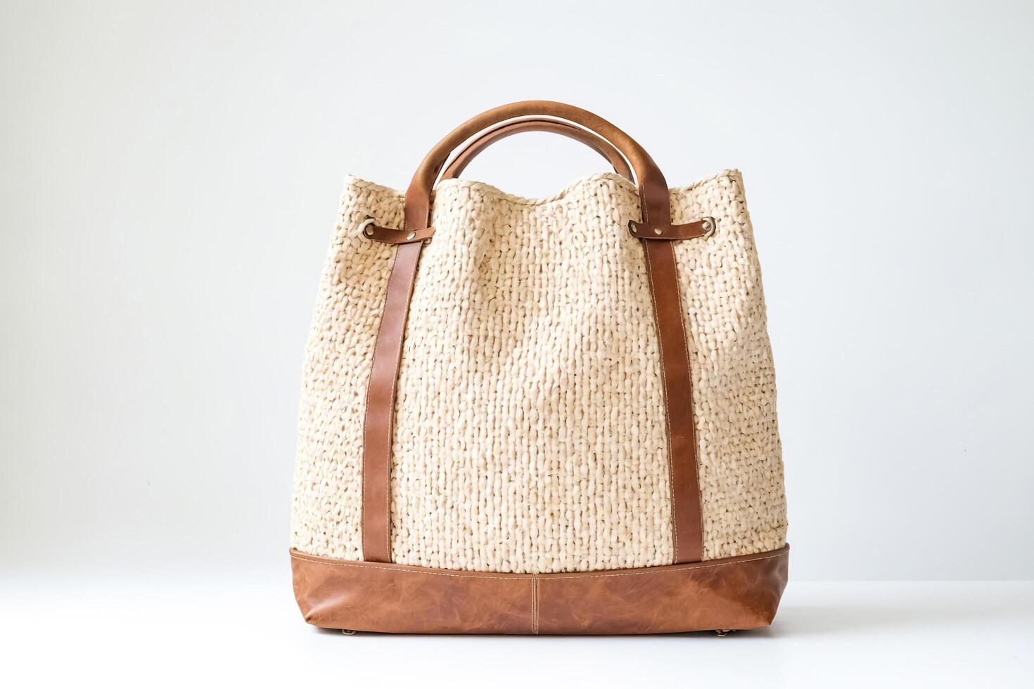 Beige Knit Bag with Leather Accents photo