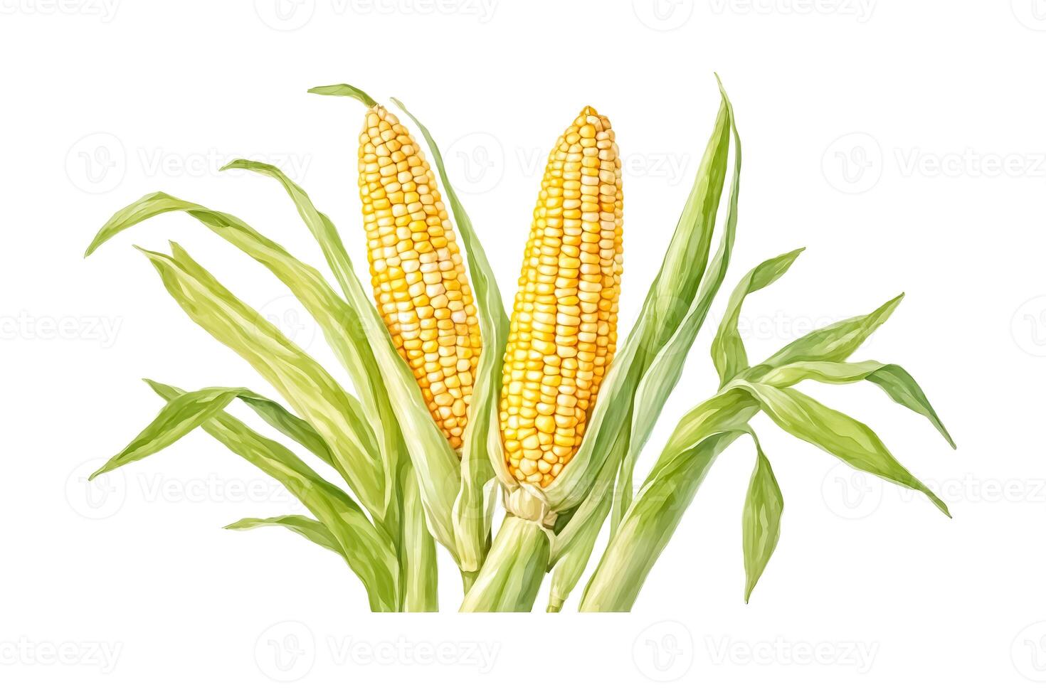 Watercolor painting of two corn cobs with leaves photo
