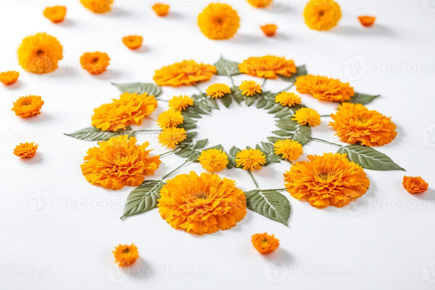 Yellow Flowers with Green Leaves on White Background photo