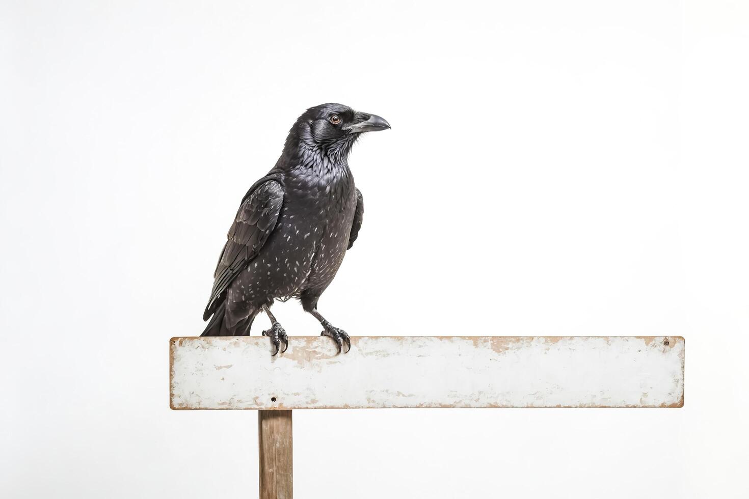 Black crow perched on a sign photo