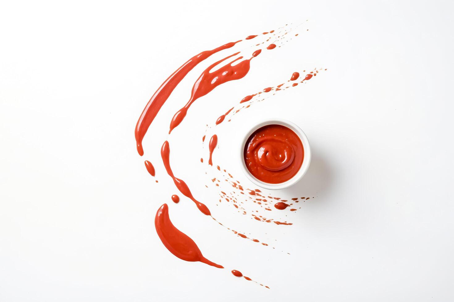 Ketchup Splashes and Bowl on White Background photo