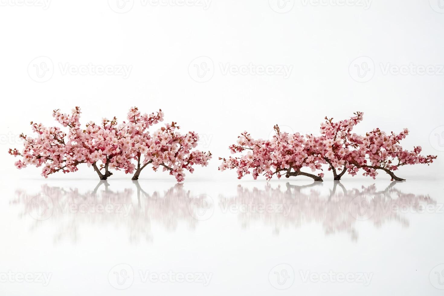 Two Branches of Pink Cherry Blossoms with Reflections on a White Background photo