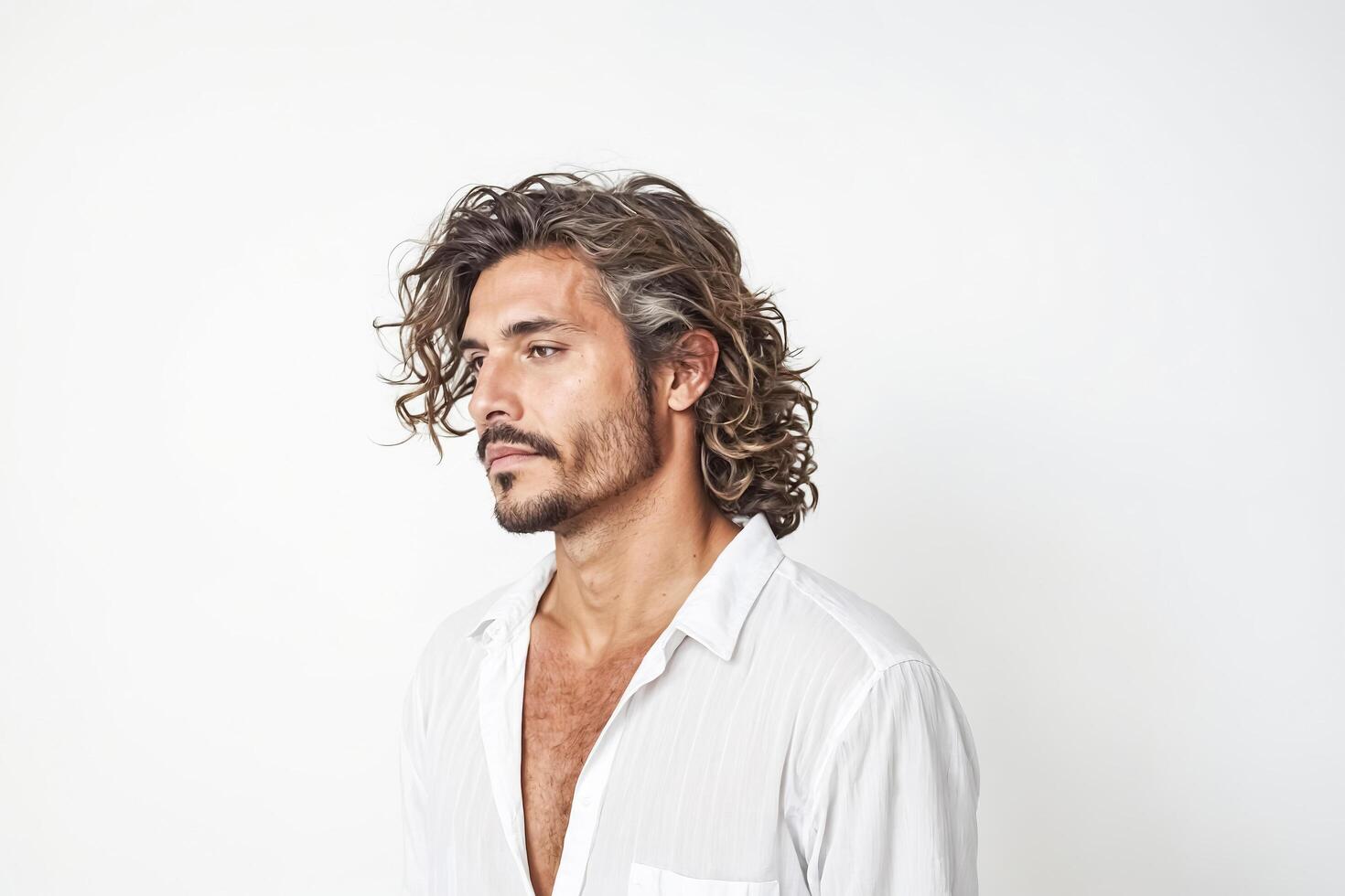 Handsome Man with Long Wavy Hair and Beard photo