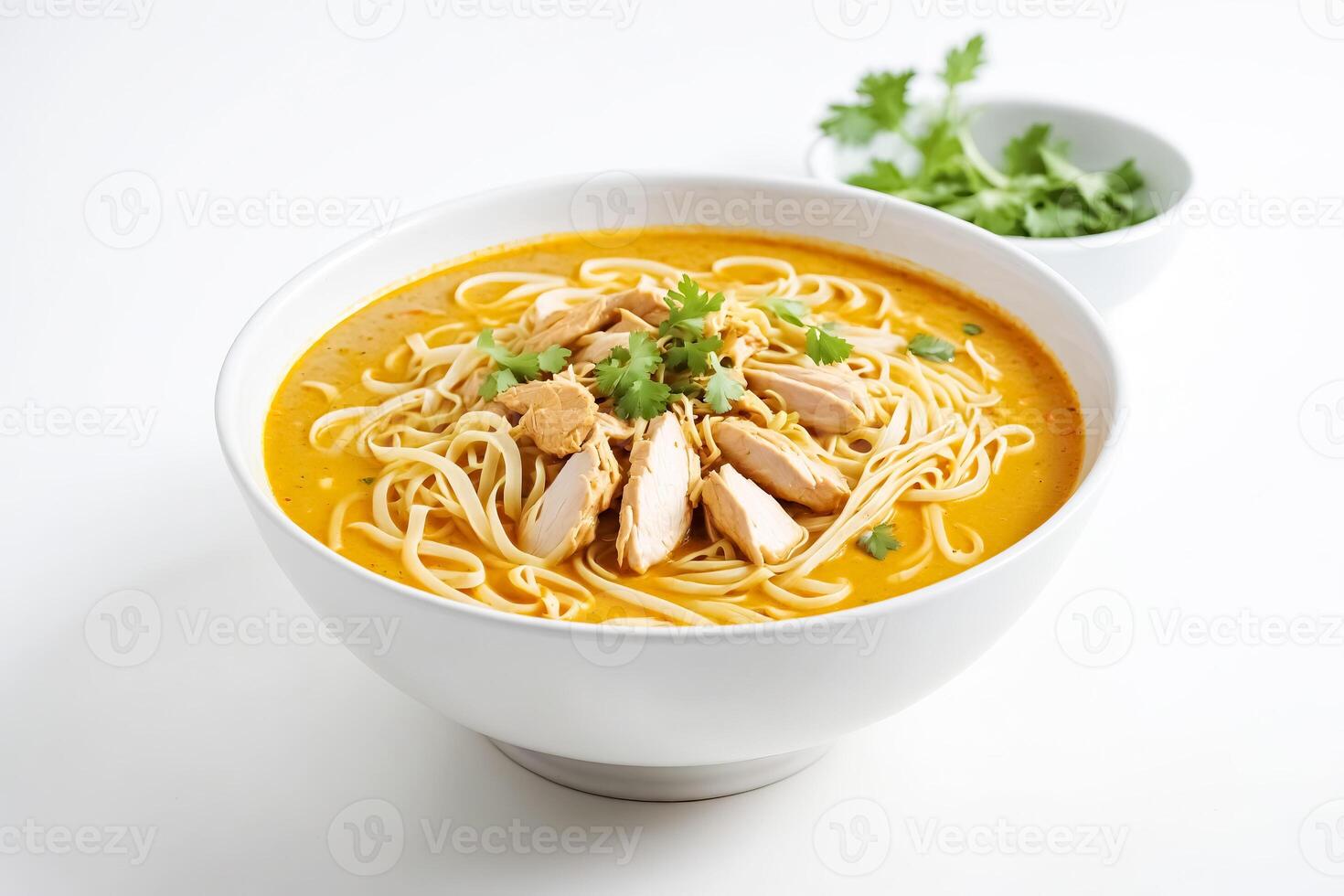 Close-up of a bowl of chicken noodle soup with fresh cilantro photo