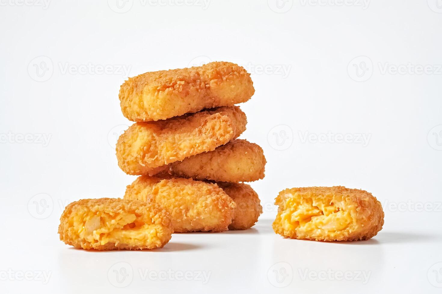 Stack of crispy golden cheese bites on a white background photo