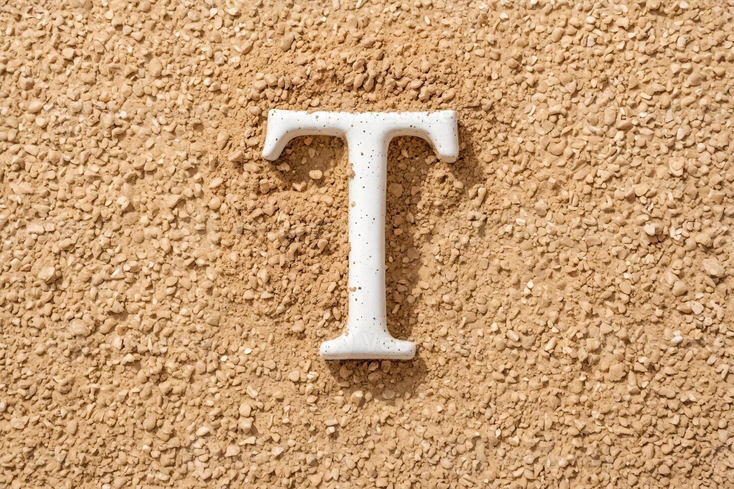 White Letter T on Brown Gravel photo