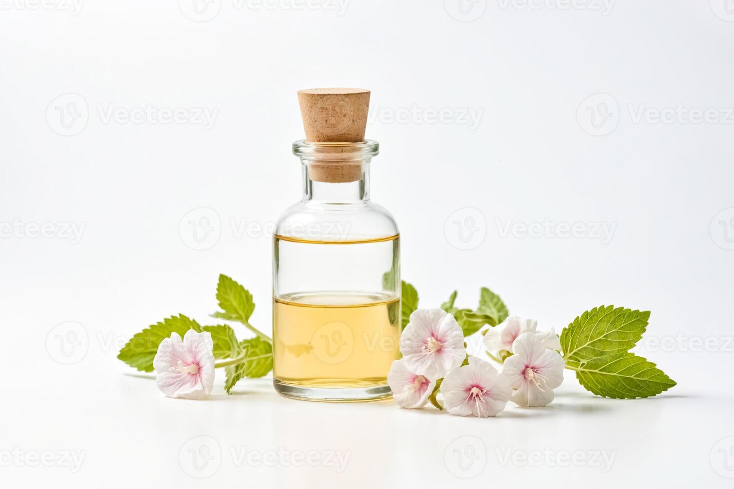 Herbal Essential Oil in Glass Bottle with Flowers and Leaves photo