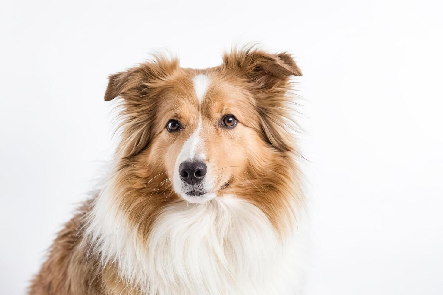 Close Up Portrait of a Beautiful Dog with Furry Brown and White Coat Looking Directly at Camera photo