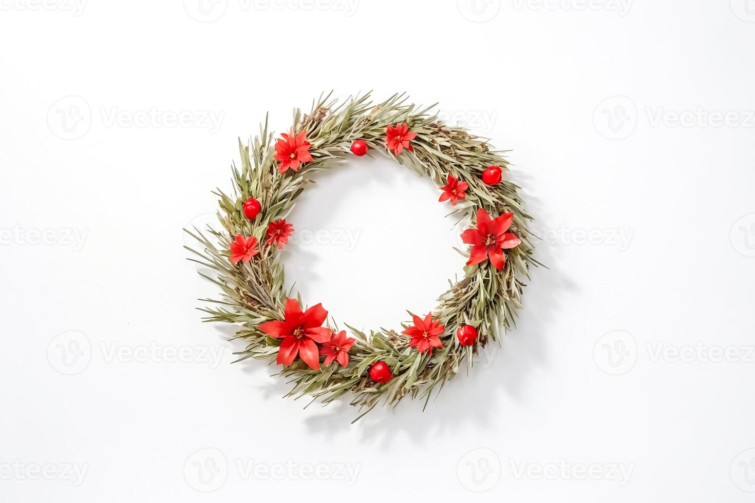 Christmas Wreath with Red Flowers on White Background photo