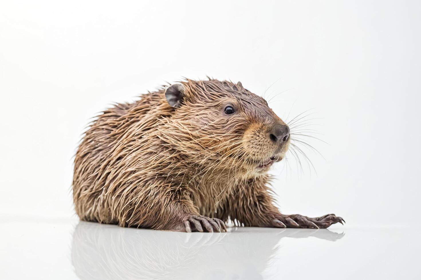 Wet beaver with claws out on white background photo