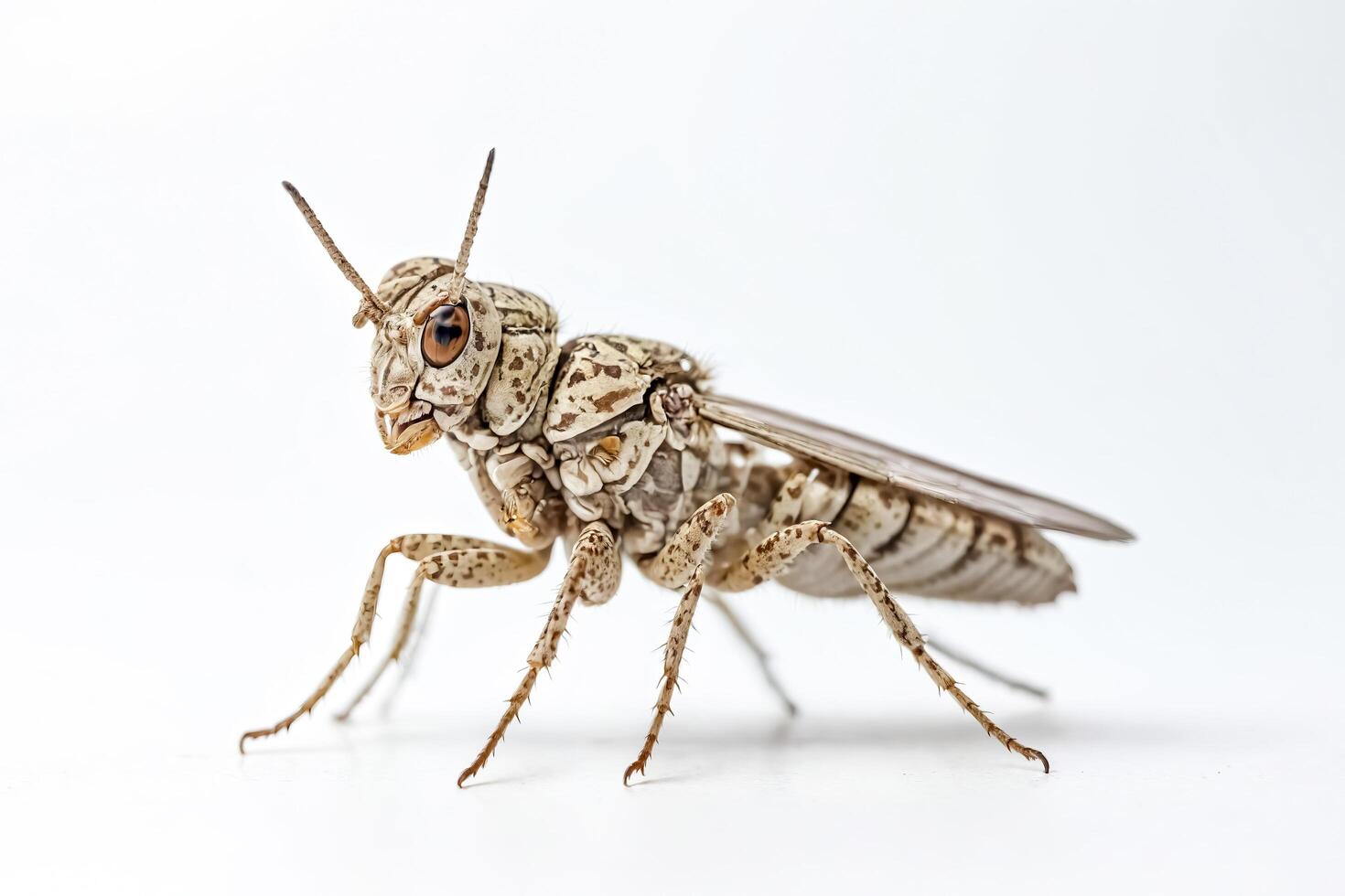 Macro shot of a brown insect with a patterned body and large antennae photo