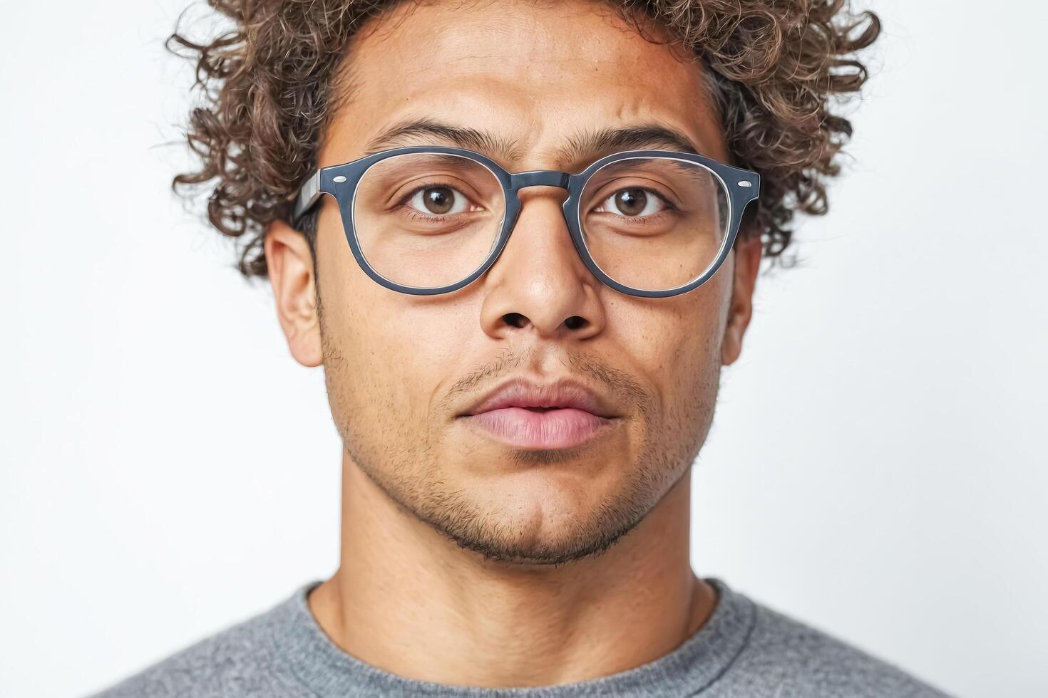 Portrait of a young man with curly hair and glasses photo