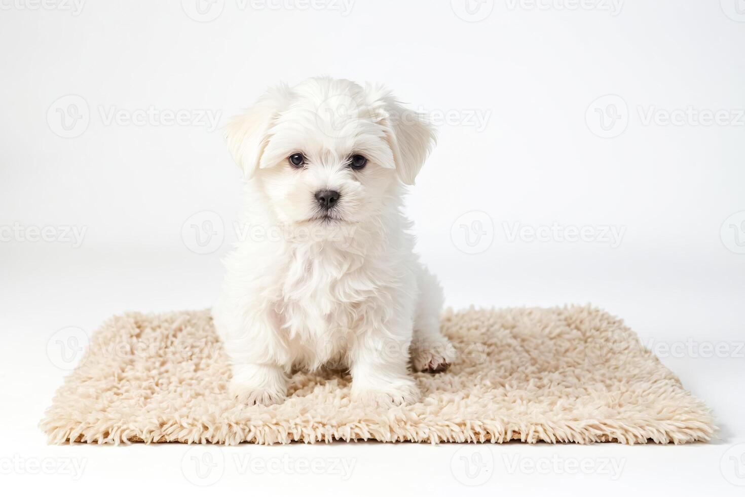 White Maltese Puppy Sitting On Fluffy Rug photo