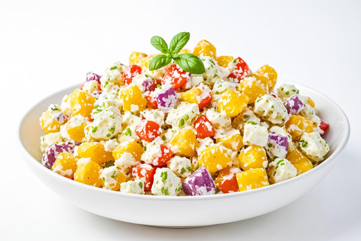 Fresh and colorful salad with yellow and red peppers, onions and feta cheese photo
