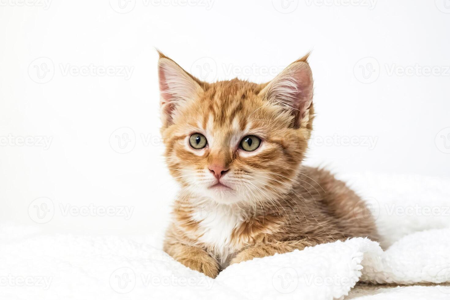 Adorable Ginger Kitten Resting on White Blanket photo