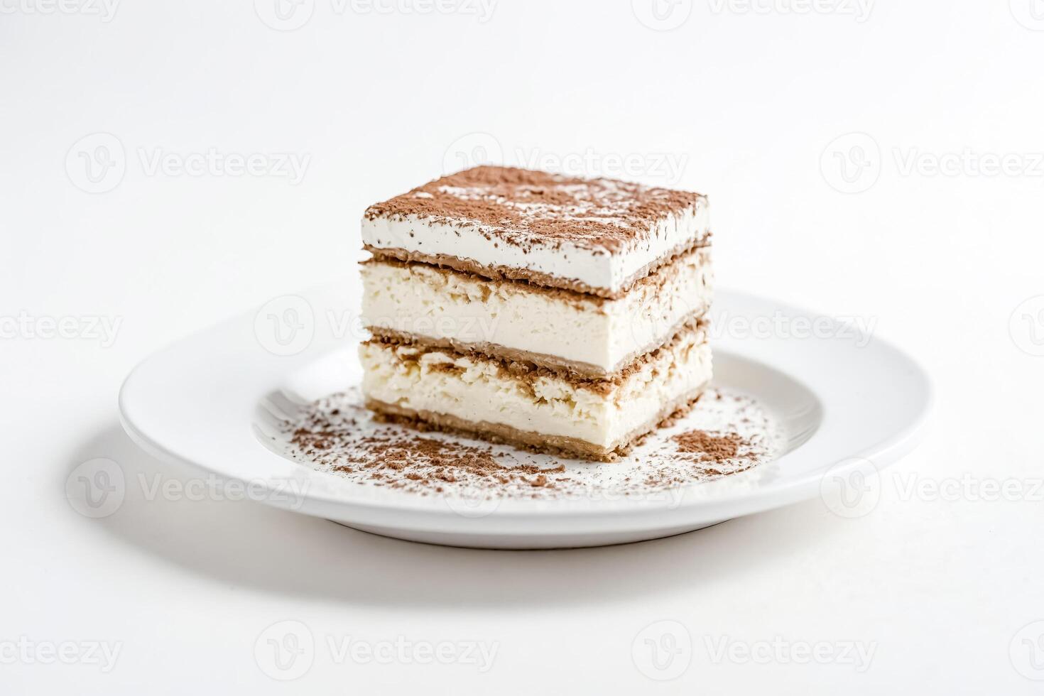 Close Up of a Slice of Tiramisu on a White Plate photo