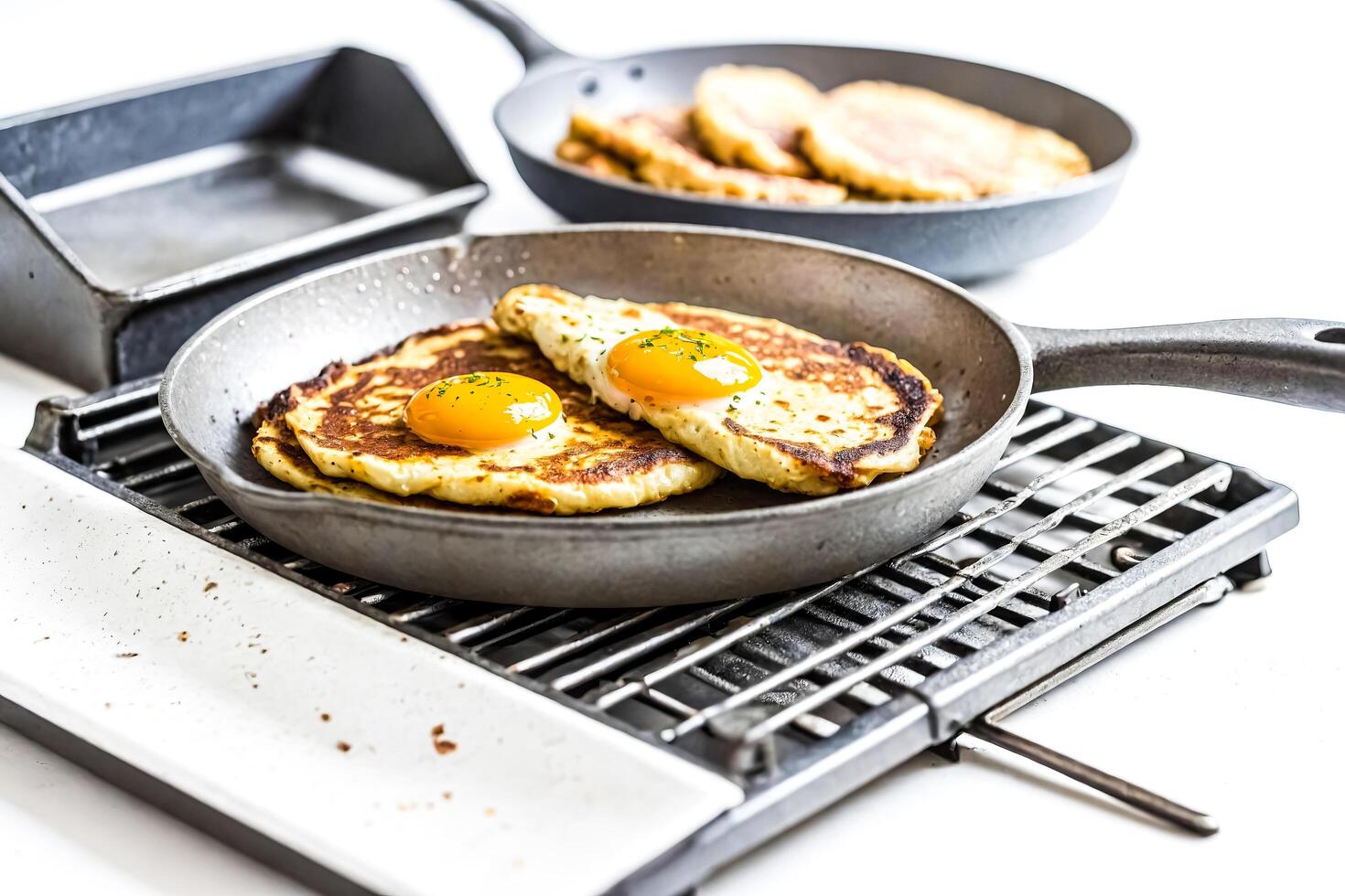 Fried eggs on a griddle photo