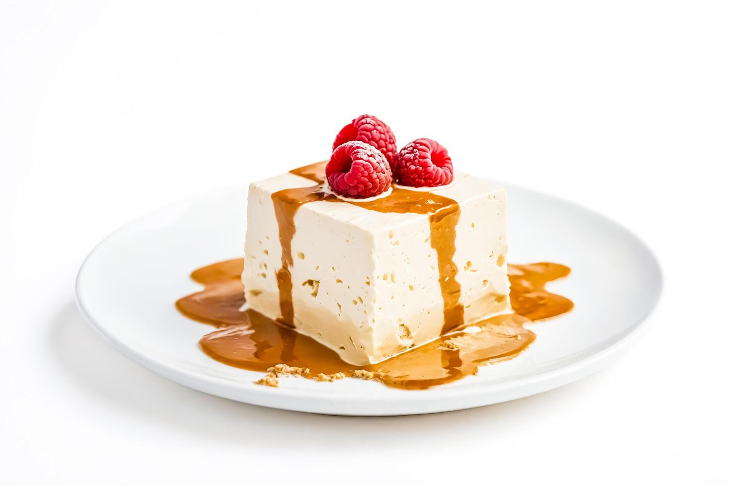 White Chocolate Cheesecake with Raspberry and Caramel Sauce photo