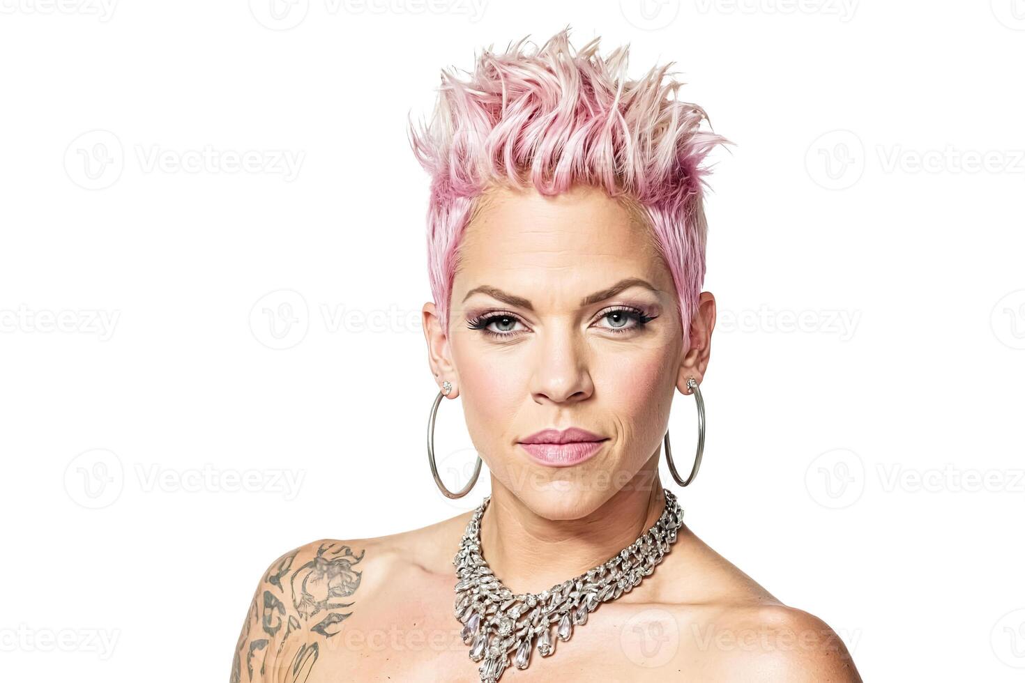 Pink with pink hair and a sparkling necklace photo