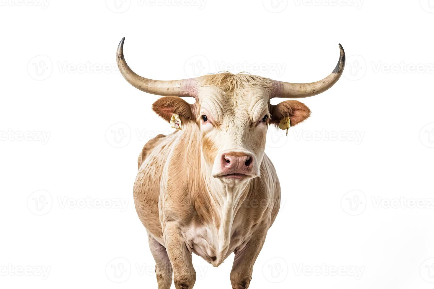 Close-up of a Bull with Large Horns Looking Directly at the Camera photo