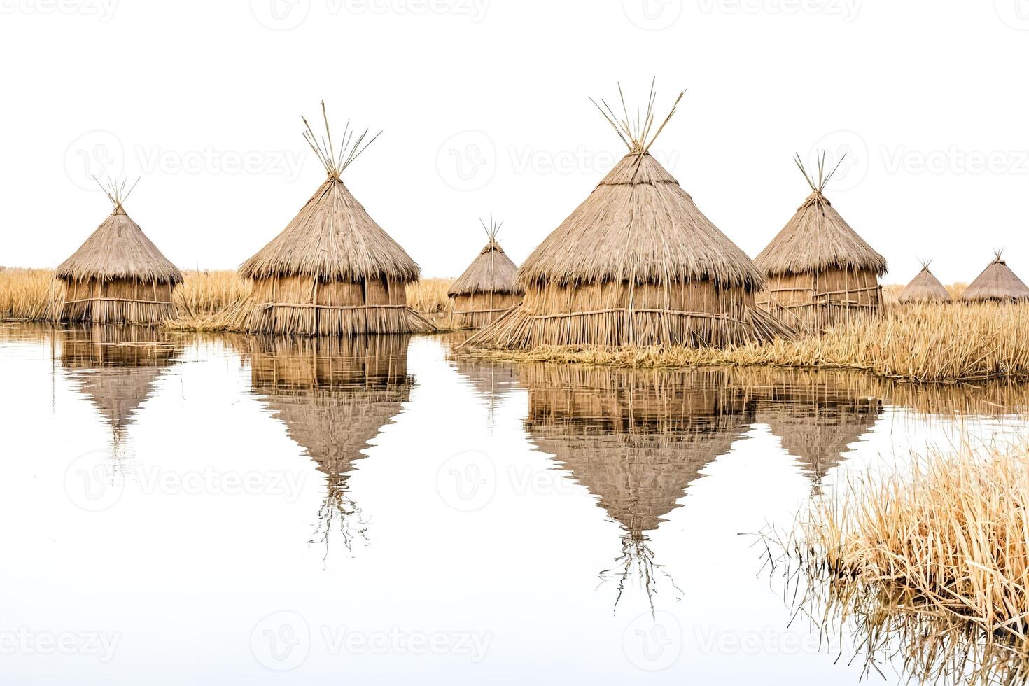 Thatched Roof Houses on a Lake photo