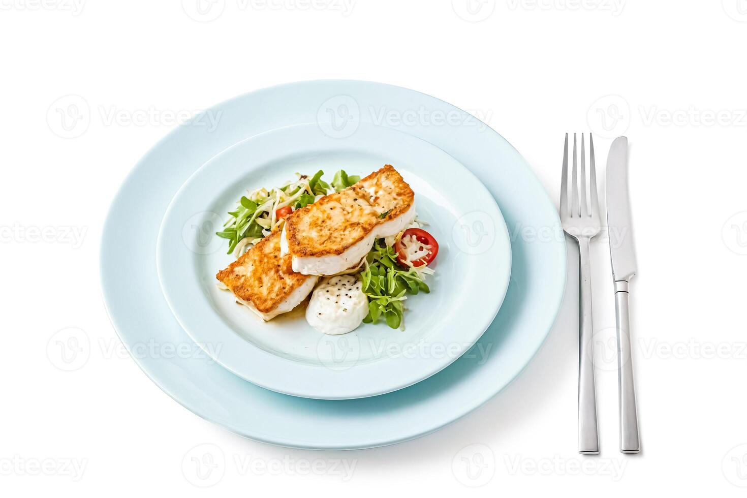 Grilled Fish with Salad and Creamy Sauce on Blue Plate photo