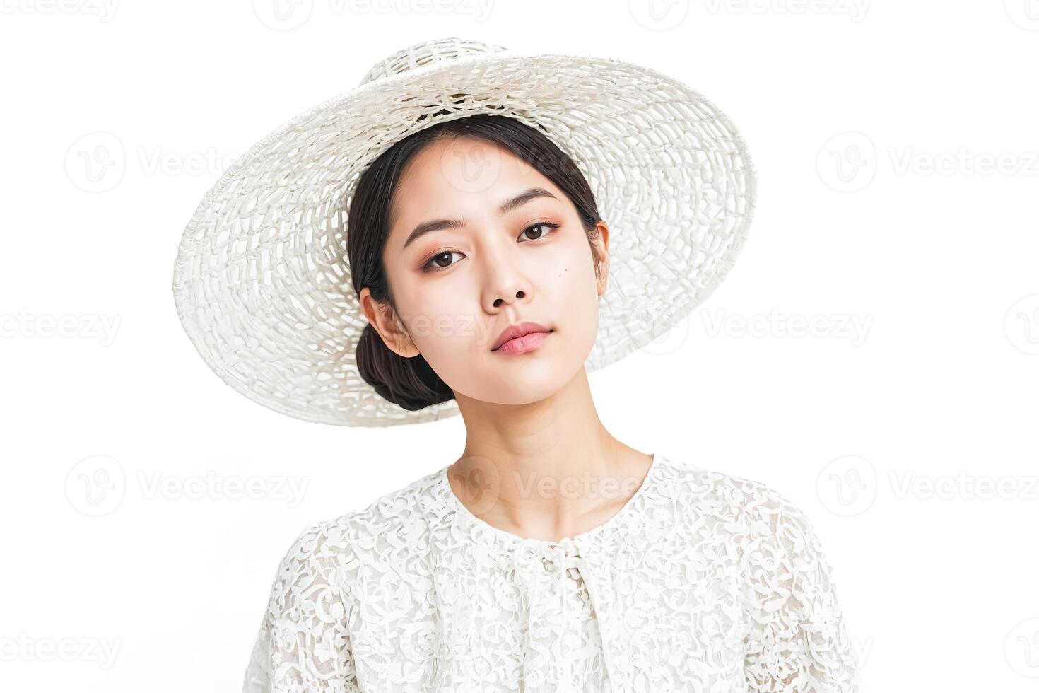 Young woman with white hat looking at camera photo