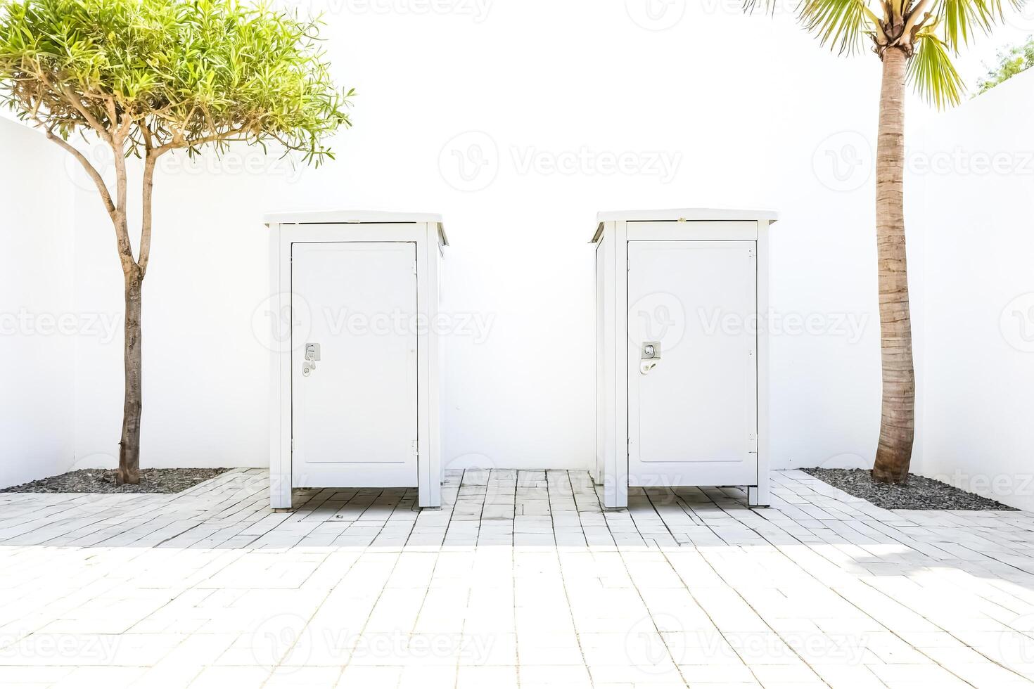 Minimalist White Lockers Against White Wall photo