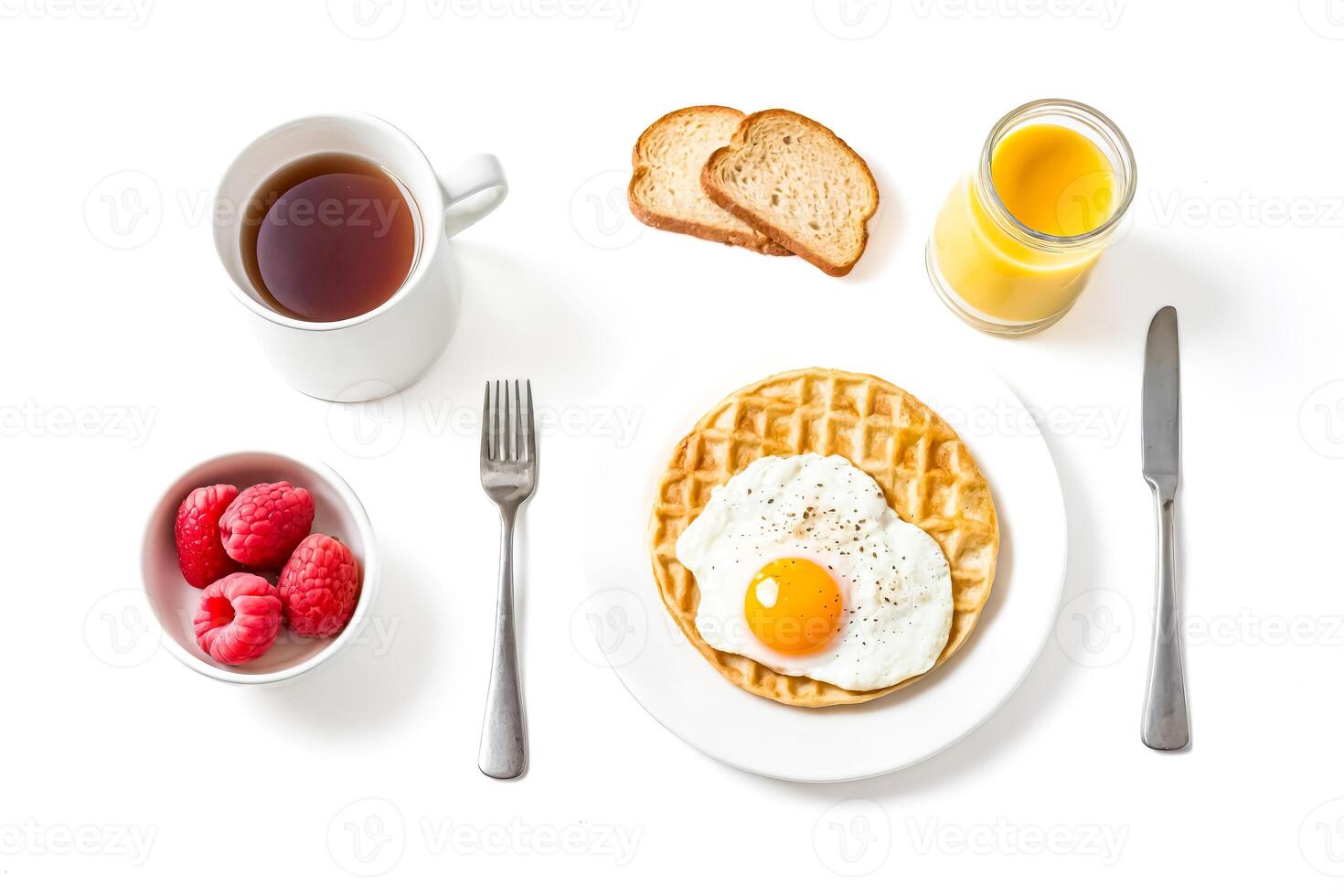 Breakfast with a Waffle, Egg, and Raspberries photo