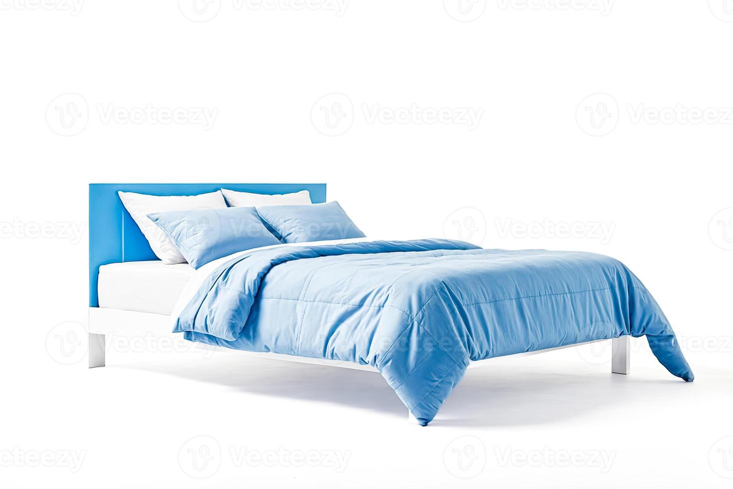 Blue Bed with White Headboard and Pillows Isolated on White Background photo