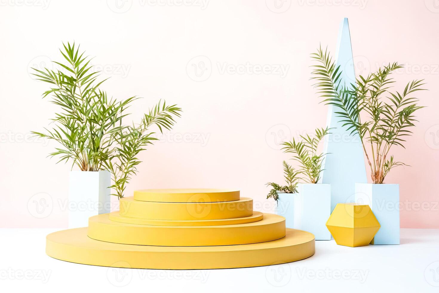 Abstract Product Display with Yellow Platform and Green Plants photo
