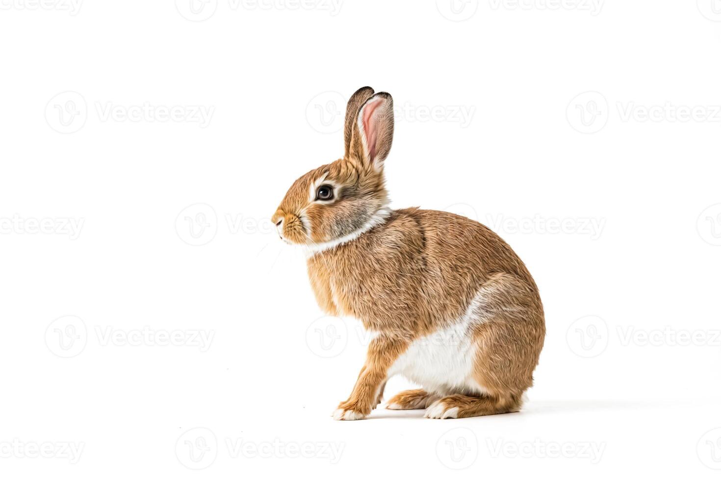 Cute brown rabbit with white patch on chest sitting on white background photo