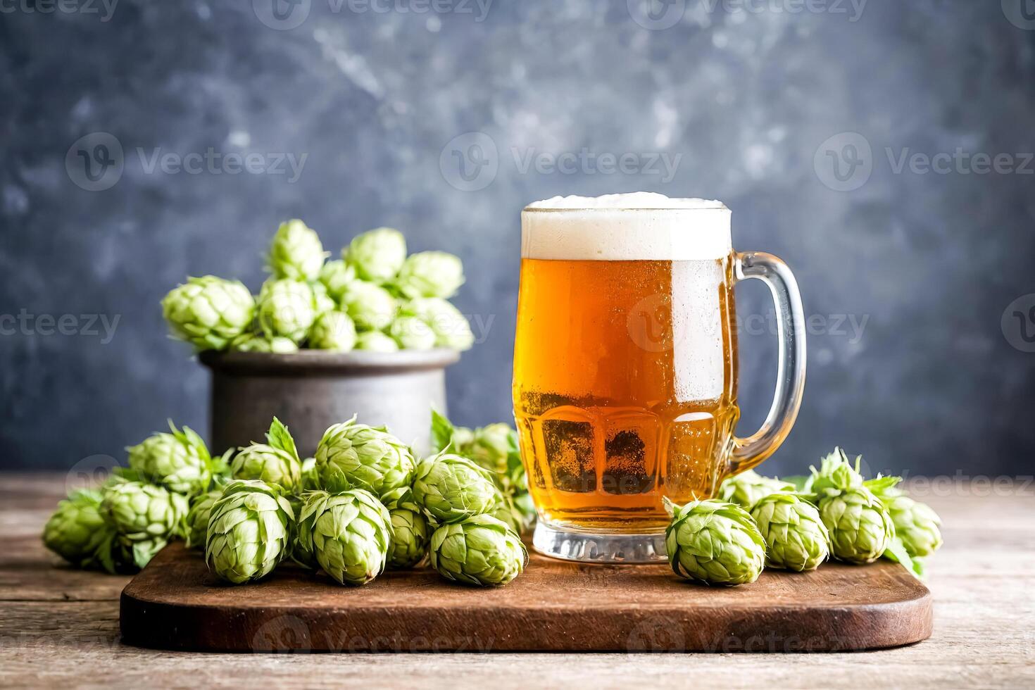 Beer with Hop Cones on Wooden Table photo