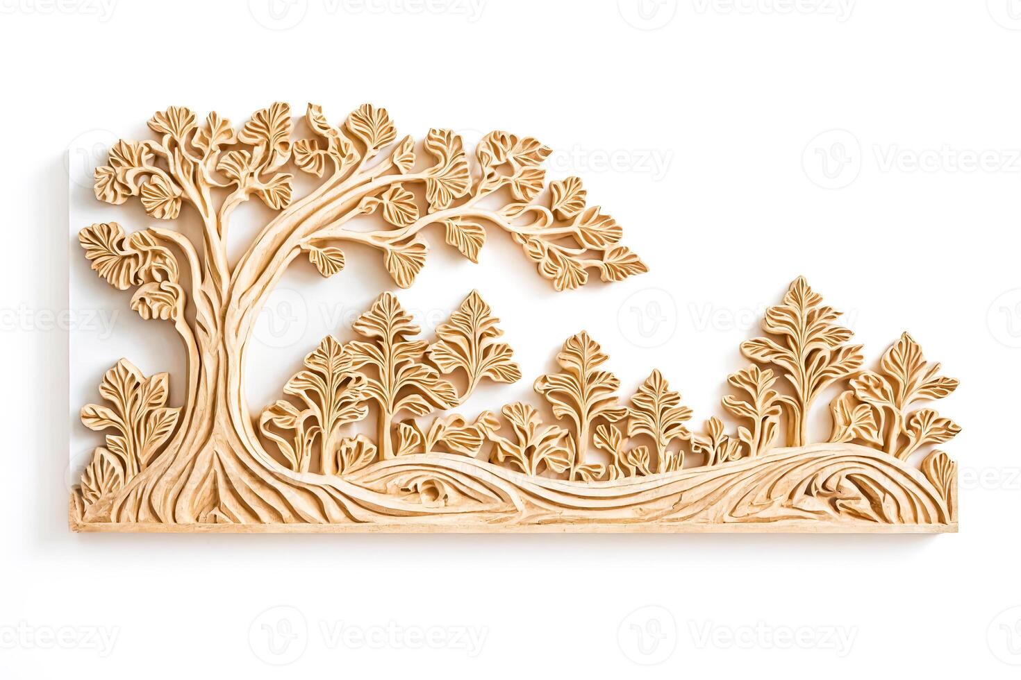 Intricate Carved Wooden Tree and Forest Design photo
