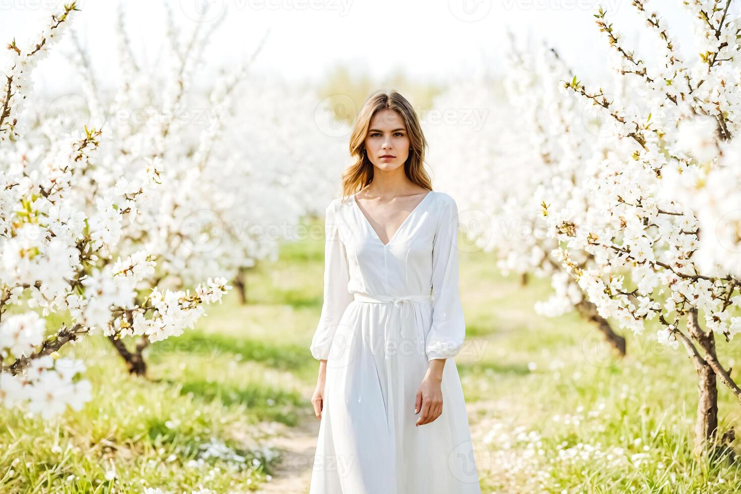 Woman in White Dress Walking Through a Field of Blossoms photo