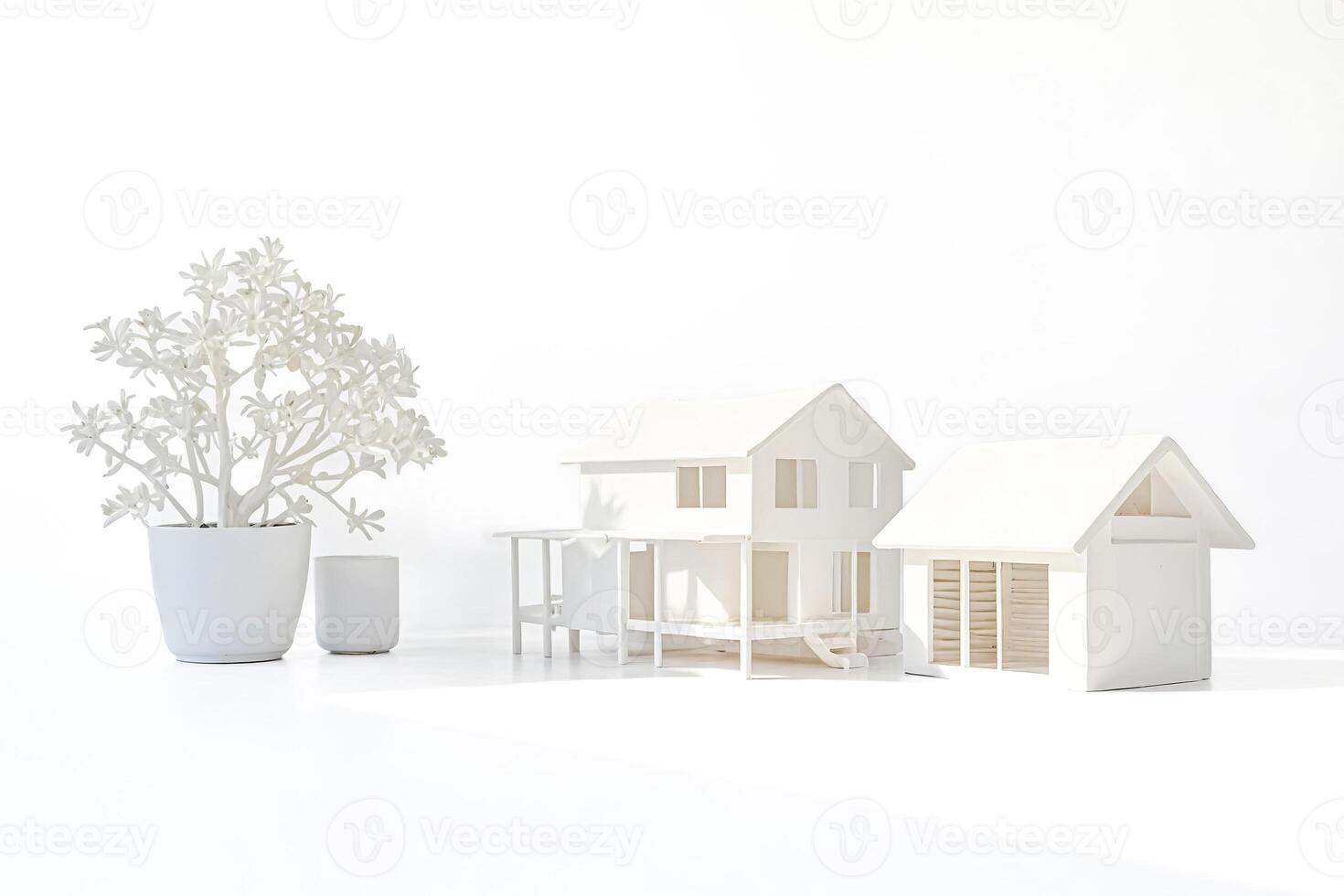 Minimalist White House Model with a White Plant on a White Background photo