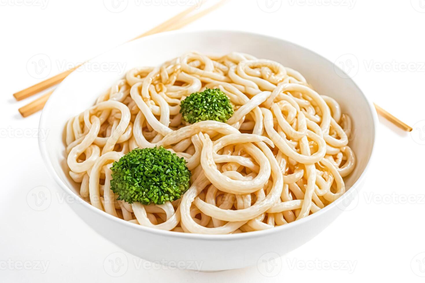 Udon Noodles with Broccoli in a White Bowl photo