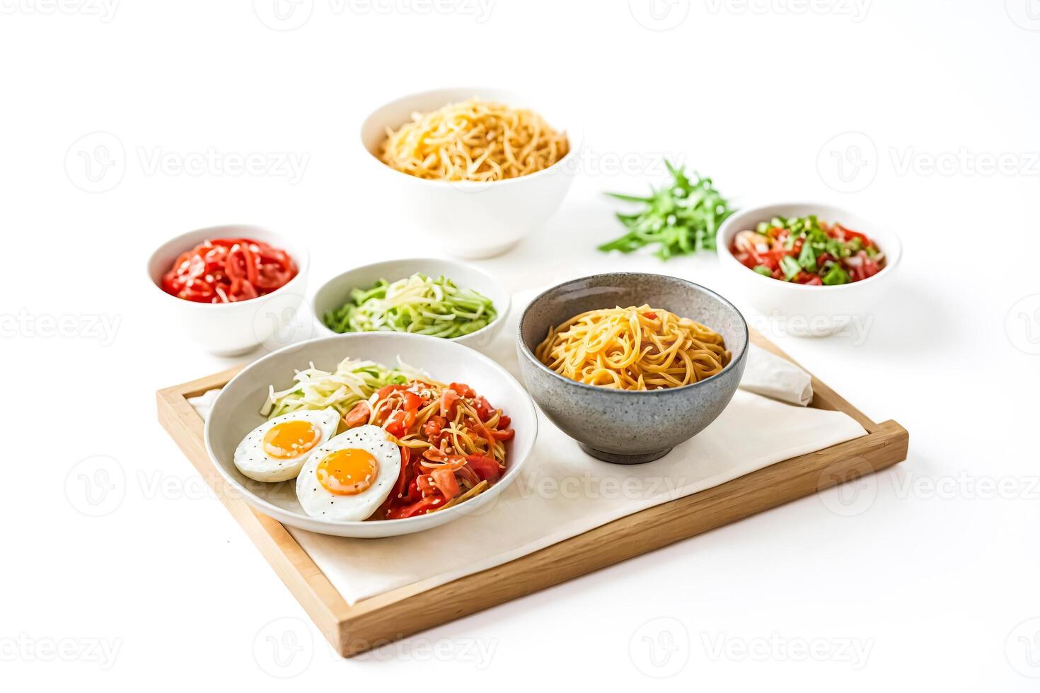 Spaghetti with tomatoes, zucchini and eggs on a wooden tray photo